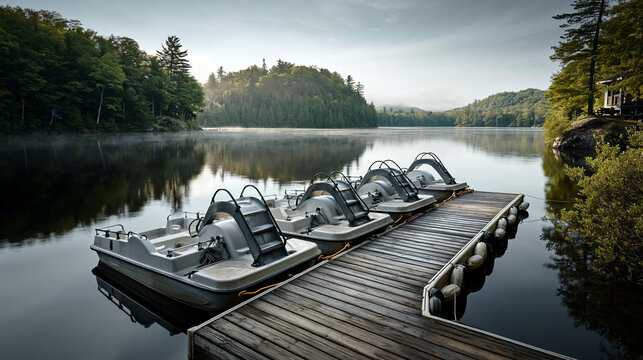 Row of pedal boats docked by serene lake surrounded by forest. Docked pedal boats in calm lake