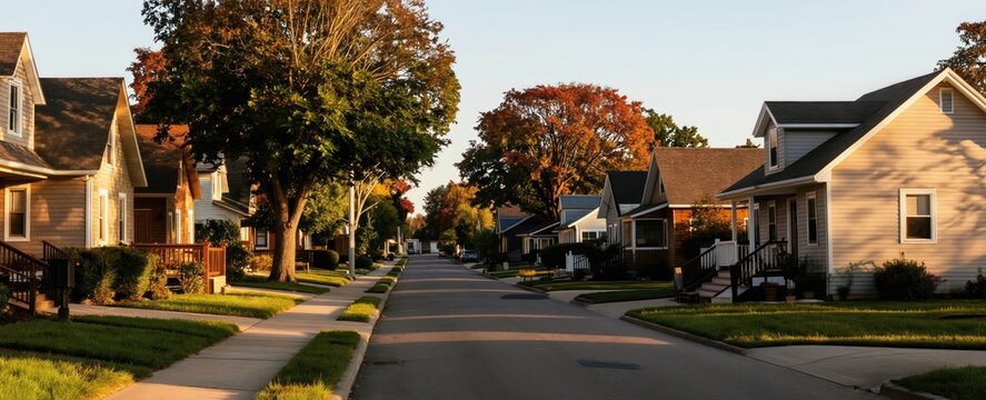 Quiet suburban street lined with houses and trees during autumn sunset. Residential neighborhood with neat lawns and sidewalks under a clear sky. Peaceful community living.