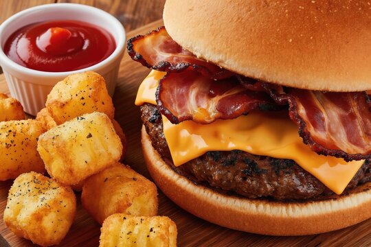 Juicy cheeseburger with crispy bacon and melted cheese sits on wooden board. Golden tater tots and ketchup served as side dish for this hearty meal.
