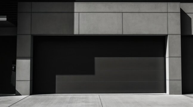 Modern dark grey garage door with keypad access on concrete building exterior. Clean urban facade with geometric shadows and minimalist design. Secure entry for home or business.