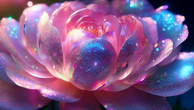beautiful glitter iridescent light close up 3d pink peony crystal flower wallpaper background