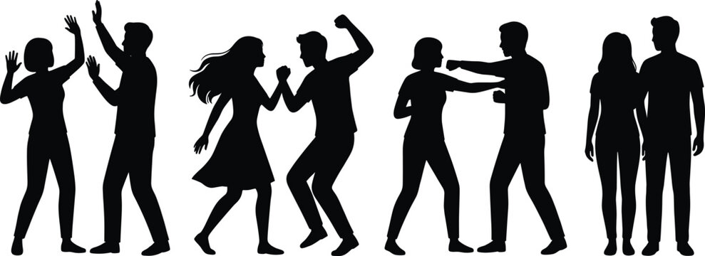 Black Silhouette Set of Couples in Conflict and Domestic Violence Situations Depicting Physical Fighting Arguments and Relationship Problems on White Background