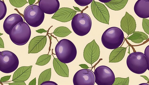 vintage plum and leaves seamless pattern seamless vintage style pattern featuring purple plums and green leaves with clean lines and soft tones on a cream background