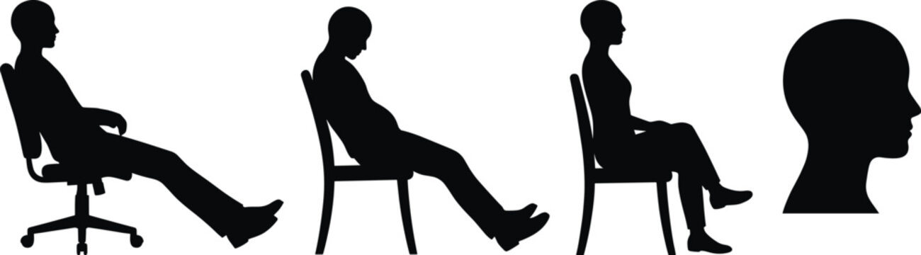 Black Silhouette Set of People Sitting in Chairs with Different Postures Including Relaxed Slumping and Upright Poses Plus a Human Head Profile