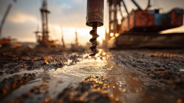 Industrial drilling equipment boring into mud at a construction site at sunset
