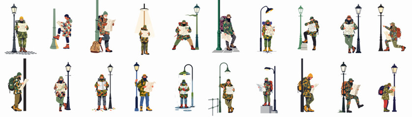 Collection of diverse illustrations showing travelers in camouflage gear holding maps and navigating while standing by various urban street lamps on white background. © Juan