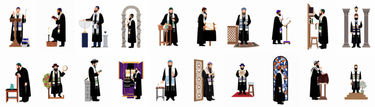 A large collection of flat vector illustrations depicting Jewish rabbis and men performing various religious rituals, prayers, and customs in a synagogue or community.