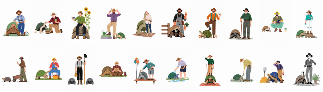 Large collection of illustrations depicting various people in rural and garden settings interacting with giant tortoises in a variety of humorous and everyday scenes.