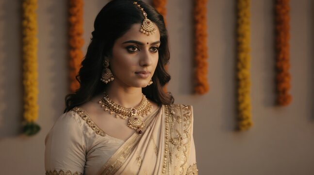 Elegant Indian woman wears traditional saree and jewelry. She stands with poise in a festive setting adorned with marigold garlands. Her graceful appearance suggests cultural heritage and beauty.