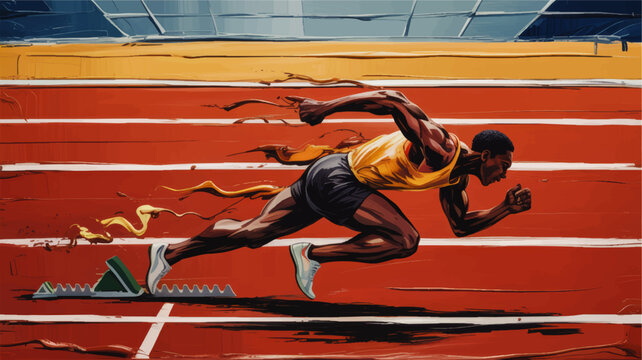 Dynamic sprinter exploding from starting blocks on red running track, powerful athletic illustration of speed, strength and determination