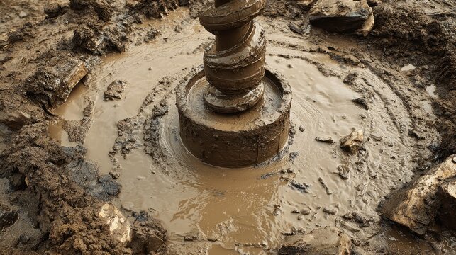 Heavy drilling rig auger bit covered in mud boring into wet ground at a construction site