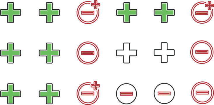Plus and Minus Icon Set with Add and Remove Symbols in Outline Filled and Colored Styles for User Interface Controls and App Design