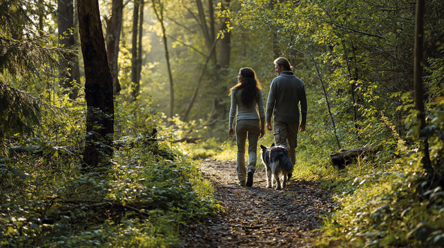 Couple walking hand in hand with dog on forest trail in sunlight. Couple walking dog on spring trail