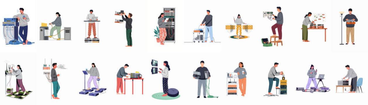 Collection of Flat Vector Illustrations Showing People in Pajamas Managing Home Server Racks, Network Equipment, and Cables in a Remote Work Setting.