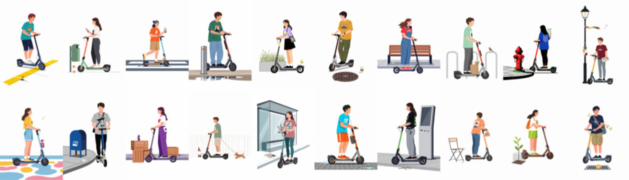 Set of illustrations showing various people using electric scooters in urban settings, promoting eco-friendly transportation and modern city micro-mobility lifestyles.