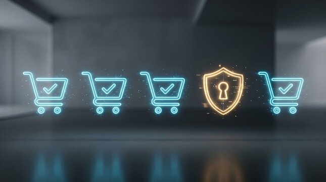 a glowing golden shield icon sits among blue shopping carts. It is a metaphor for the sanctity of trust and robust security within the digital consumer journey.