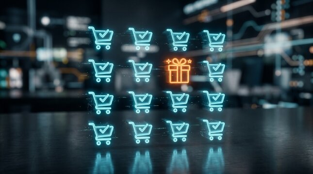 a glowing orange gift icon stands out within a grid of blue shopping carts. It represents the unexpected reward or moment of delight found within a routine digital transaction.