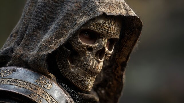 Europe medieval lifestyle. A closeup of a person wearing a hooded cloak and a skull mask. The skull mask is intricately designed with a cross pattern and detailed patterns.