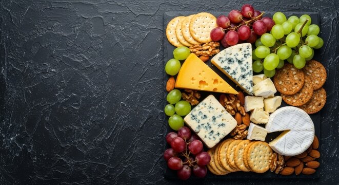 Elegant top view of a rustic charcuterie board featuring diverse cheeses, fresh grapes, crunchy crackers, and nuts on a dark stone surface, almonds, honey, kitchen