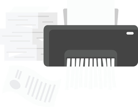 Vector illustration of a black office paper shredder machine destroying sensitive documents and a stack of paperwork. Concept for data protection, information security, and office waste management.