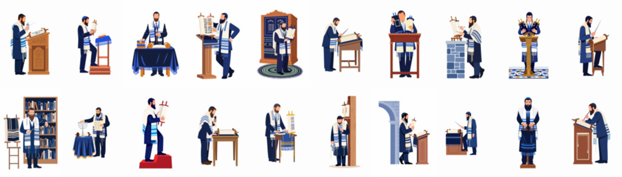 Collection of flat vector illustrations featuring Jewish men in traditional attire performing various religious rituals with the Torah scroll in a synagogue setting.