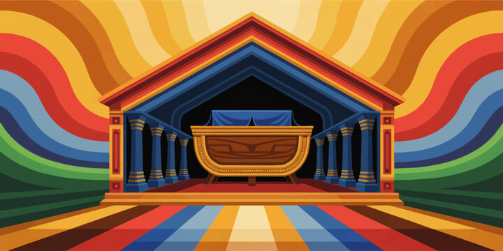 Colorful abstract temple interior with ark altar and rainbow waves, vibrant vector illustration for religious worship backgrounds