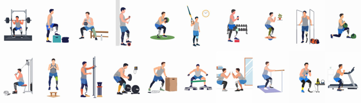 Collection of flat vector illustrations depicting a male athlete with a prosthetic leg performing various fitness exercises and strength training at a gym.