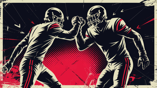 Dynamic American football teamwork illustration with two players fist bumping, grunge halftone background, bold red and dark design