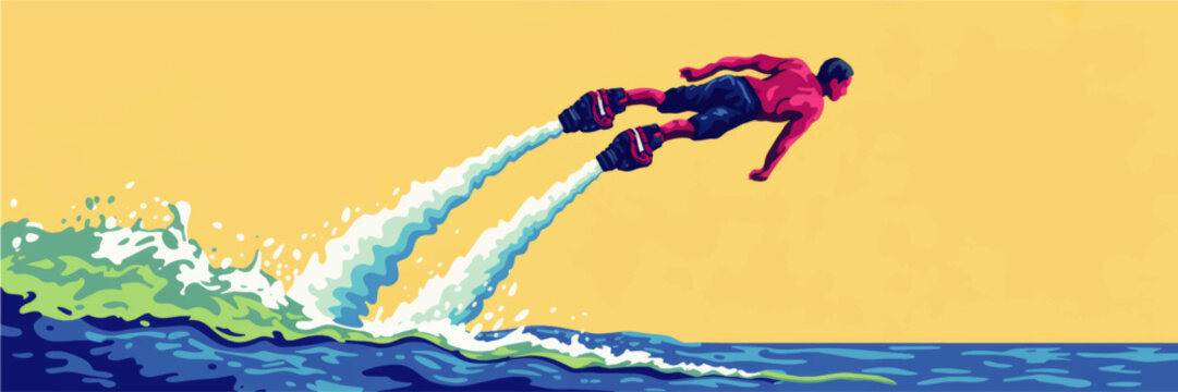 Colorful summer flyboard illustration of man jetpacking above ocean waves, extreme water sport adventure on yellow background