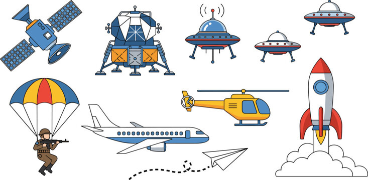 Aviation and Space Exploration Vector Set Featuring Rocket Satellite UFO Airplane Helicopter and Paratrooper for Science and Technology Projects
