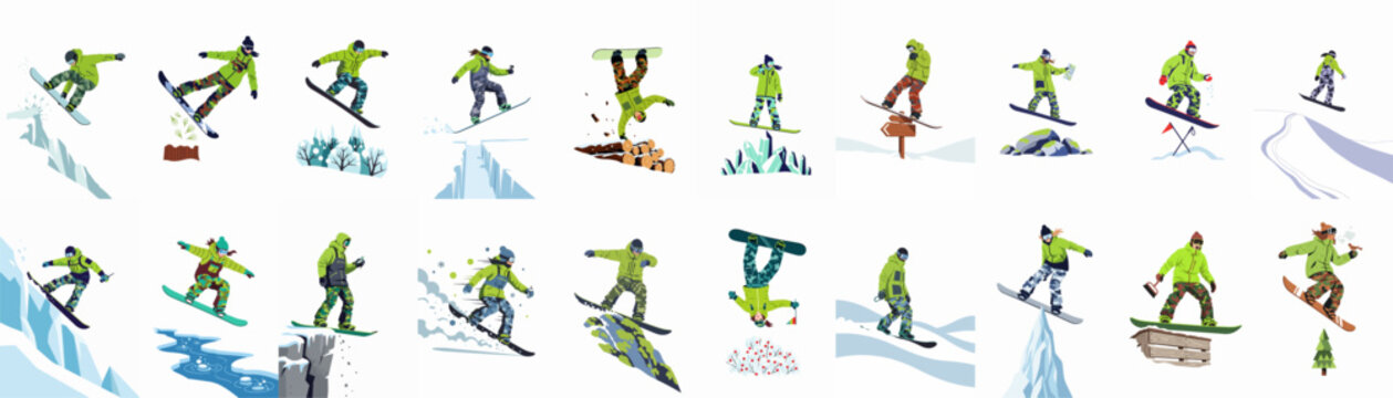 Collection of flat style snowboarder illustrations doing jumps, flips, and navigating through mountains, trees, and obstacles on snowy backgrounds.