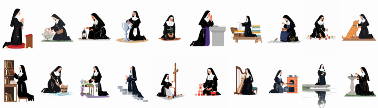 Comprehensive Flat Vector Illustration Set Depicting the Diverse Daily Life and Spiritual Activities of a Catholic Nun