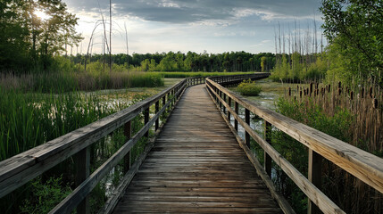 Fototapeta premium Wooden boardwalk leading through lush wetlands and greenery. Elevated wooden walkway through wetlands
