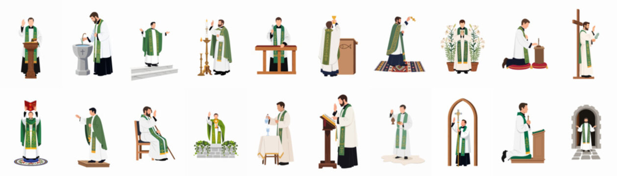 Collection of Vector Illustrations Featuring a Catholic Priest Performing Liturgical Rites and Sacraments in Green Vestments during Mass.