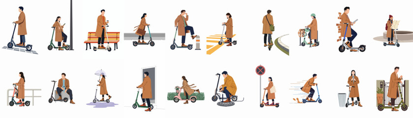 Fototapeta premium Set of illustrations featuring diverse men and women in stylish coats using electric scooters for commuting and daily activities in urban environments.