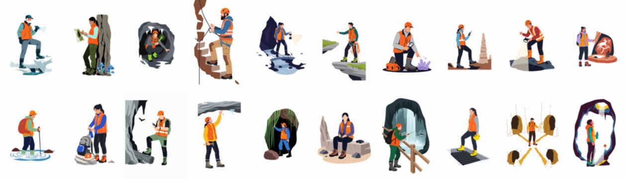Set of flat vector illustrations depicting speleologists and explorers in various cave exploration activities, including climbing, research, and navigation.