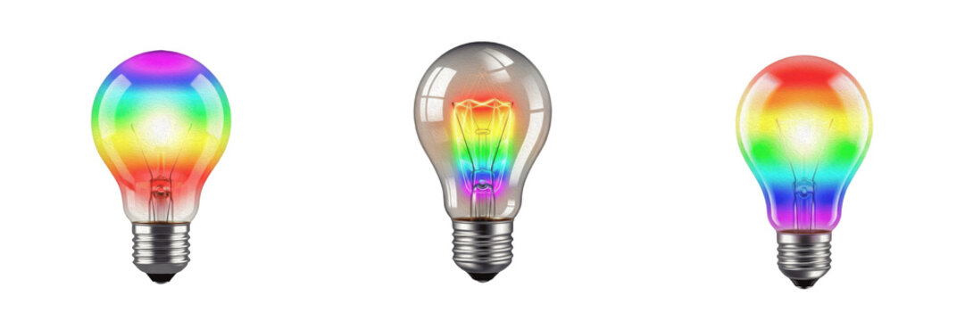 Set of Rainbow Colored Light Bulb Isolated on White Background, PNG