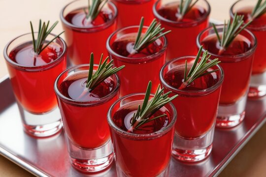Multiple glasses with red alcoholic shots lined up. Each drink is garnished with a fresh sprig of rosemary herb. Served on a metal tray for a party or bar.