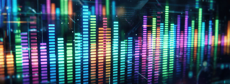 Colorful digital audio equalizer displaying sound wave frequencies. Graphical interface representing music volume level and music production software. Banner with copy space