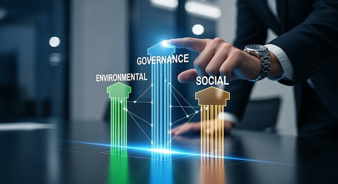 Corporate governance and ESG. An executive's hand touches a 'governance' pillar on a hologram showing the three pillars of ESG (Environmental, Social, Governance)