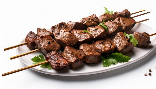 succulent ciger sis turkish liver kebab on skewers for food photography on white background