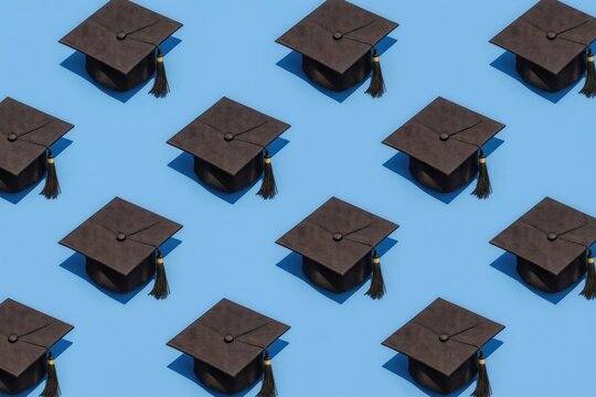 Black graduation caps with tassels arranged in repeating pattern on bright blue background with distinct shadows. Academic hats symbolize achievement, education, creating clean, modern design for
