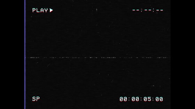 Realistic VHS tape playing with tracking lines and heavy grain, analog television signal noise, with a vintage green play text. Gritty retro background for cinematic VFX. Infinite loop. 3x4.