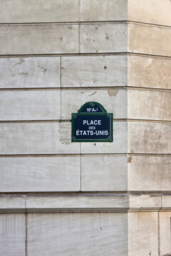 Place des &Eacute;tats-Unis street sign in Paris France