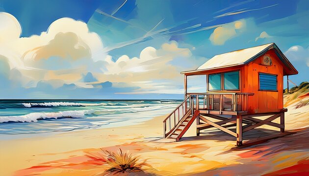 painting of life guard shack on the beach