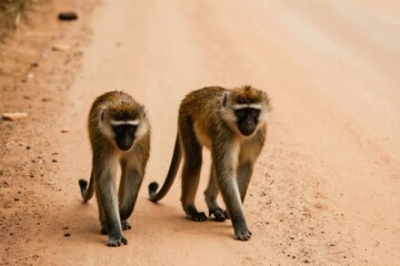 Fototapeta premium Two vervet monkeys walk on a dusty African road. Wild primates move along dirt path in natural habitat. Animals have grey brown fur, tails curled up. They look curious.