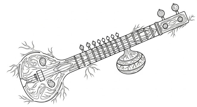 Indian Sitar Musical Instrument Line Art Drawing.