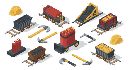 Collection of Mining Equipment and Vehicles Isometric Illustration. © Fais