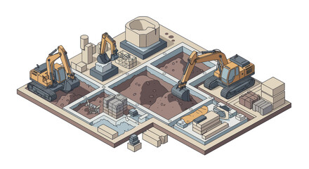 Obraz premium Construction Site Excavation with Heavy Machinery and Foundation Work.