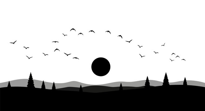 Minimalist vector illustration featuring a flock of birds flying across a bright white sky over dark silhouettes of pine trees and a large black sun